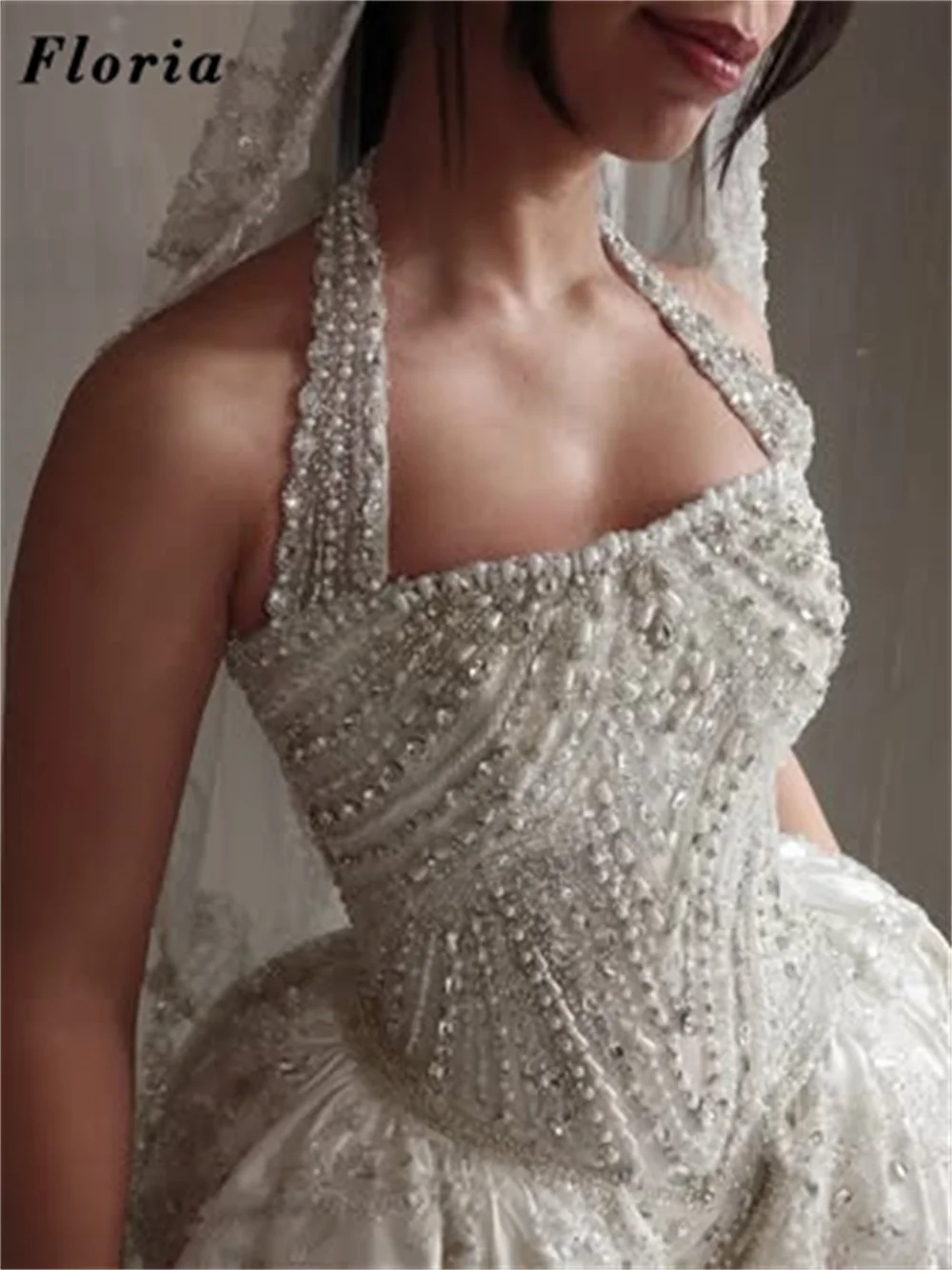 Two Pieces Pearls Halter Wedding Dresses With Detachable Skirt Beading Appliques Bridal Gowns Customized Bride Dress Vestidos
