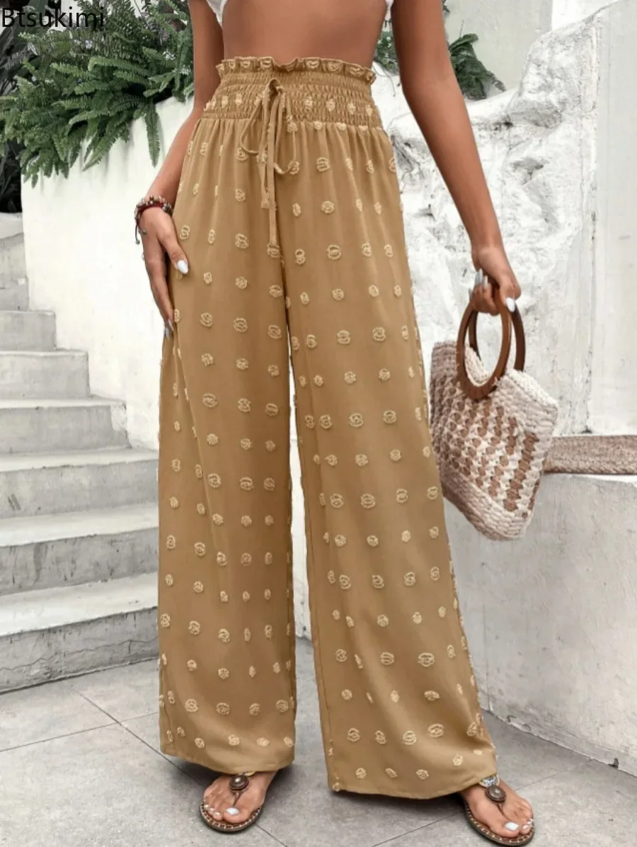 

2024 Women's High Waist Jacquard Wide Leg Pants Solid Spring Autumn Casual Trousers Female Wide Leg Chiffon Long Pants Women