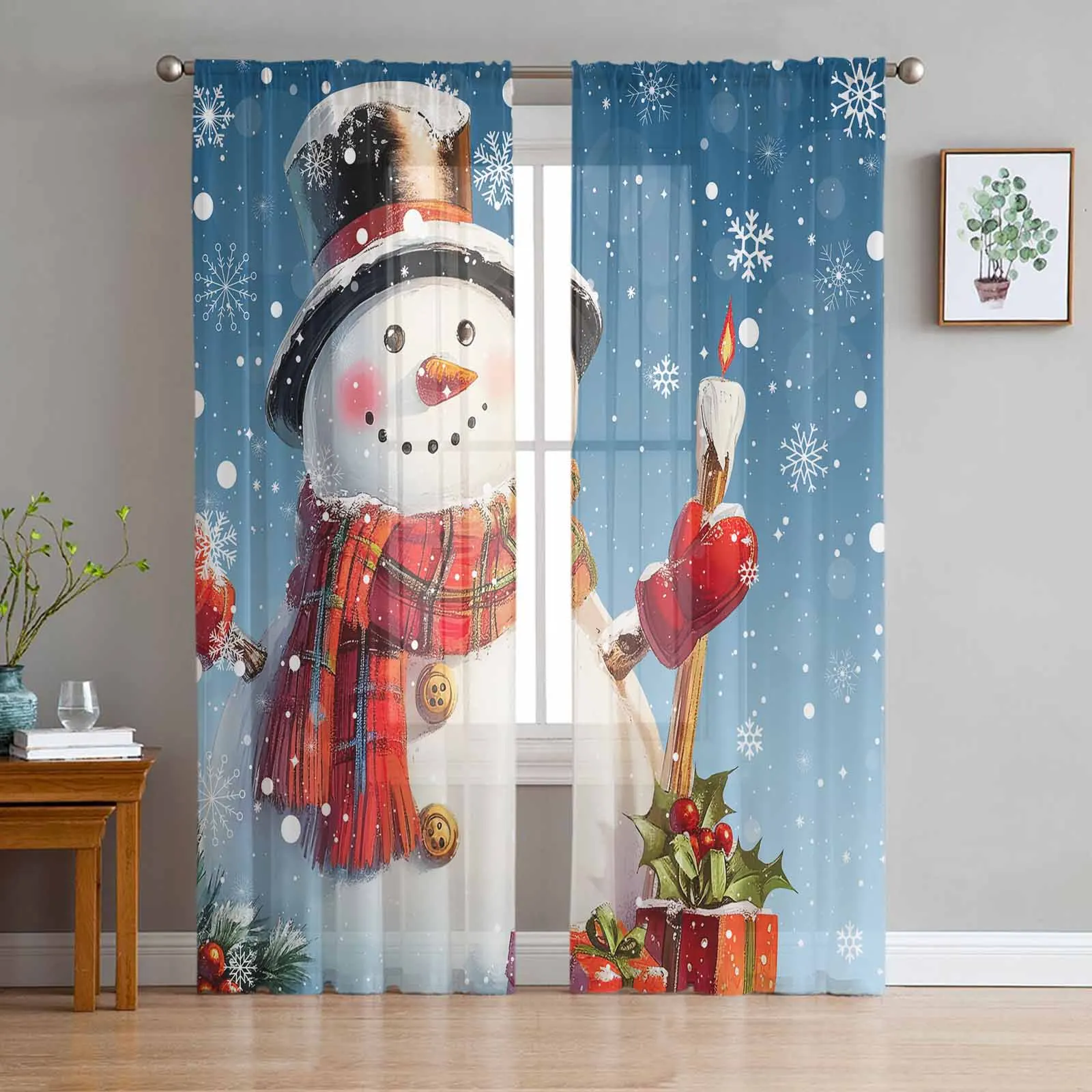 

Christmas Snowman Snowflake Red Blue Curtains Living Room Bedroom Kitchen Decoration Window Voiles Organza Tulle Curtain