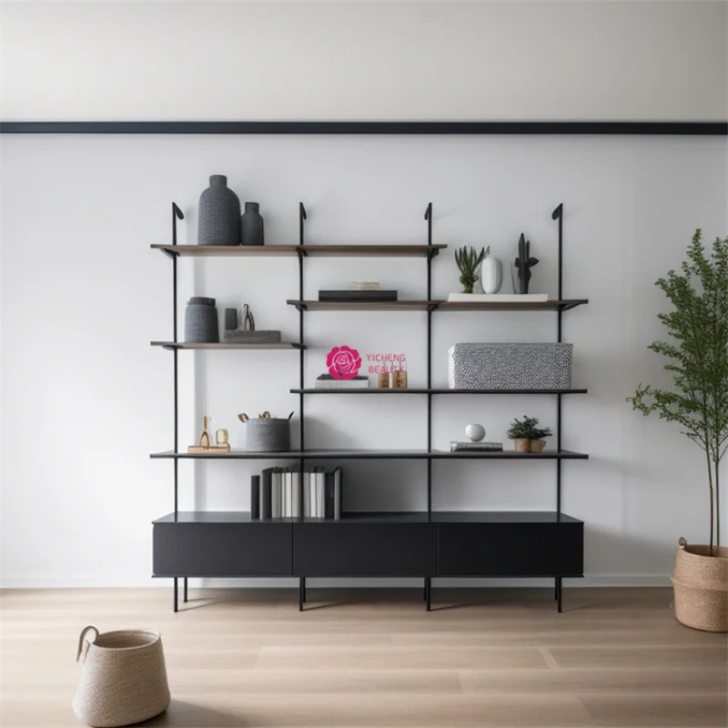 custom.Yicheng Iron Art Multi-layer Solid Wood Bookshelf Living Room Simple Bookcase Shelf Floor Nordic Full Wall Display Rack S