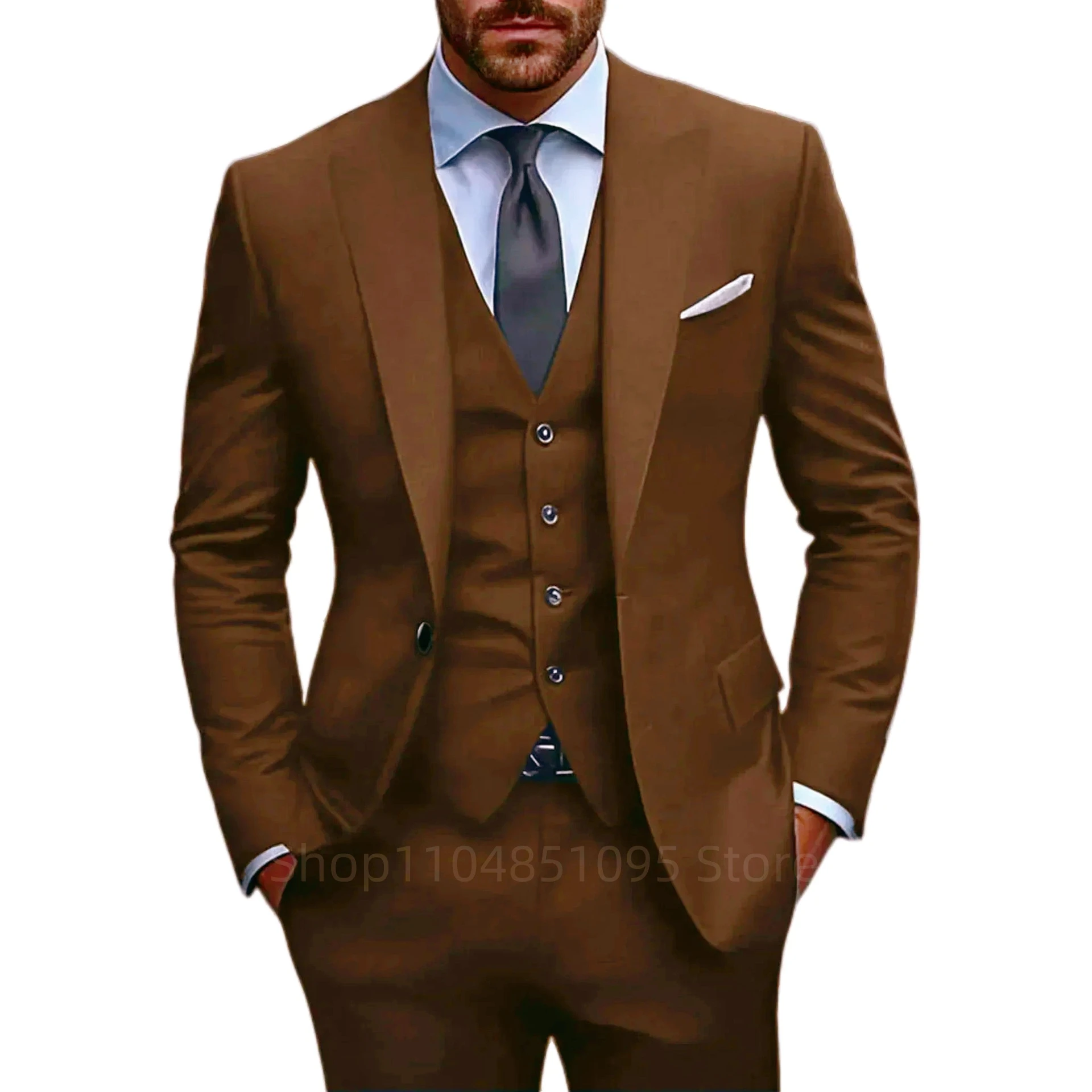 

Solid Color 3 Piece Men's Tuxedo Set - Wedding Groom Groomsman Party Prom Formal Business Male Suit with Blazer Vest Pants