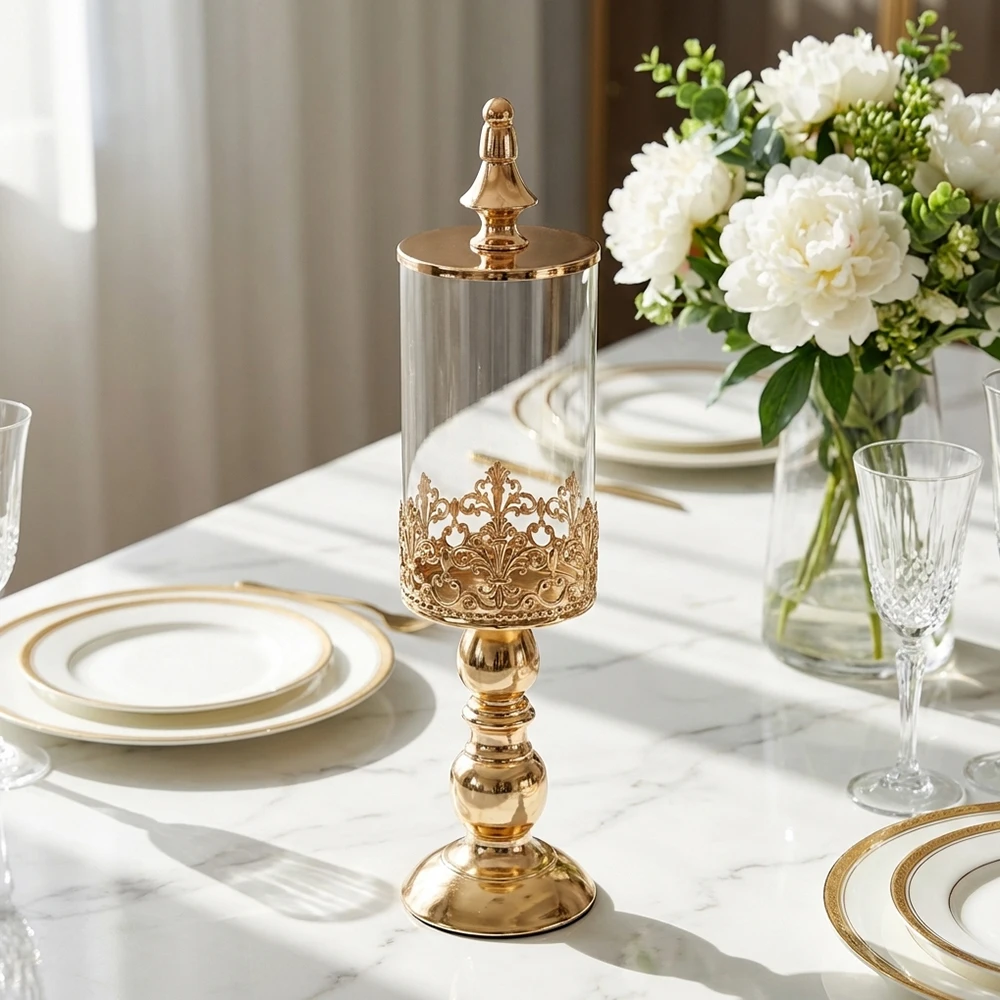 1Pcs Gold Candy Jar Wedding Party Decor Table Centerpiece Bridal Shower Baroque Carved Party Decoration Snack Display