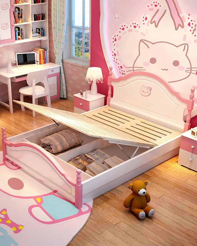 Children's single bed all solid wood princess bed girls and pupils beige suite furniture set