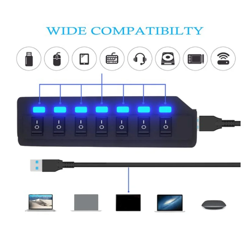 Hub usb 2.0 divisor usb multi hub adaptador usb várias portas adaptador de alimentação com interruptor acessórios para computador portátil, branco