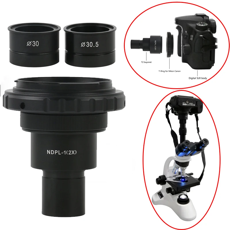 

NDPL-1 T2 Mount 23.2mm Adapter Lens Eyepiece Lens + 30mm 30.5mm Ring Biological Microscope For Canon Nikon EOS DSLR SLR Camera