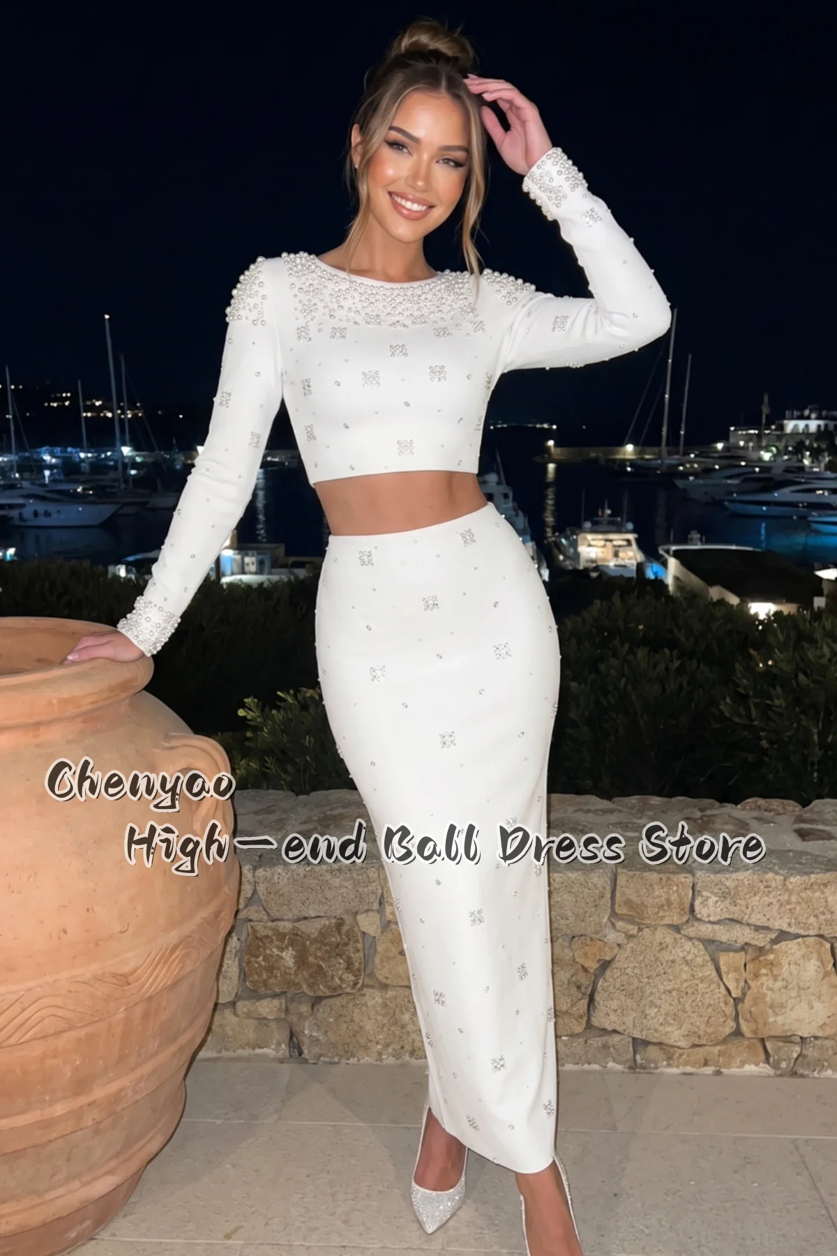 Chic Long Sleeve Crop Top Party Porm Dress Pearl Choker Neckline Cuffs Square Rhinestone Custom Evening Gown vestido de festa view 2