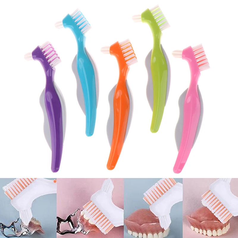 Multi-Layered cerdas para a limpeza da dentadura, escova de dentes falsos, higiene oral, antiderrapante, punho de borracha ergonômico, cabeças duplas, antibacteriano