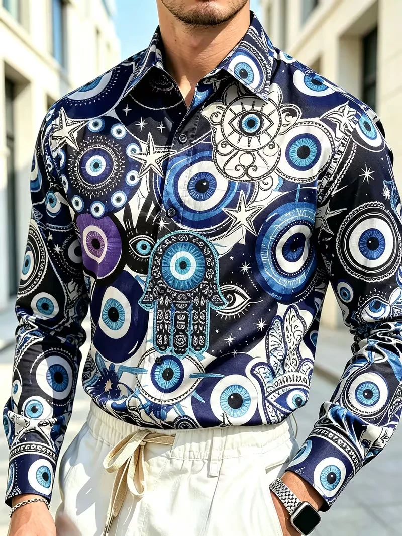 Men Long Sleeve Shirt Ethnic Evil Eye Hamsa Hand Star Print Turn‑down Collar Button‑up Navy Bohemian Street Party Casual Top