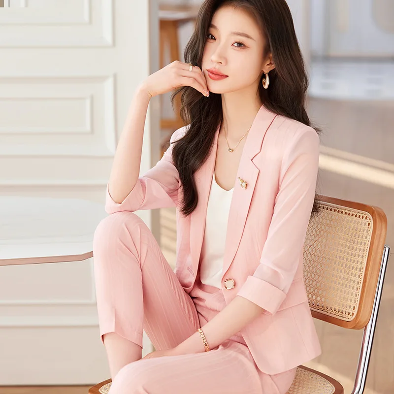 

Pink Suit Jacket for Women2024Summer New High Sense Temperament Leisure 3/4 Sleeve Suit Suit