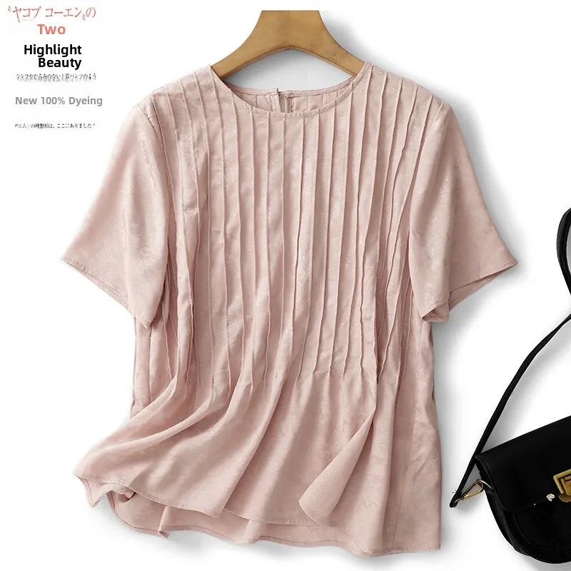 Summer Heavy Work Goddess Style Small Shirt T-Shirt Women's Satin Pleated Embroidery Process Front And Back Stripe Craft