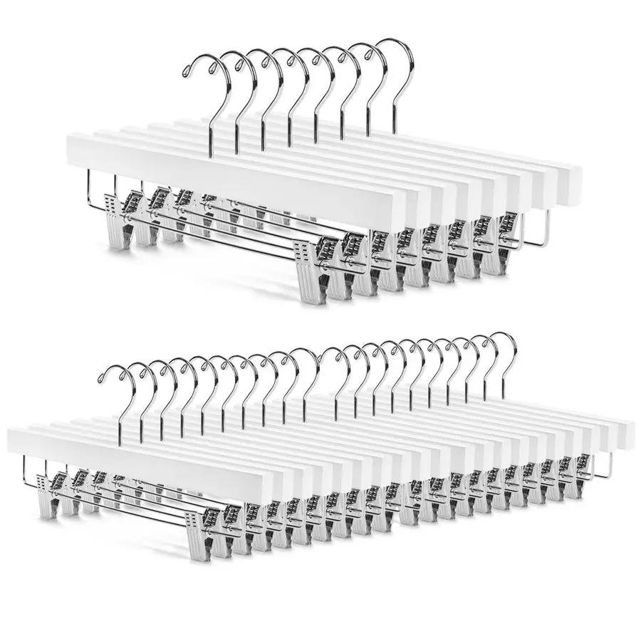 

Deluxe Wooden Pants Hangers, Solid Lotus Wood, with Clips, Pack of 28, White