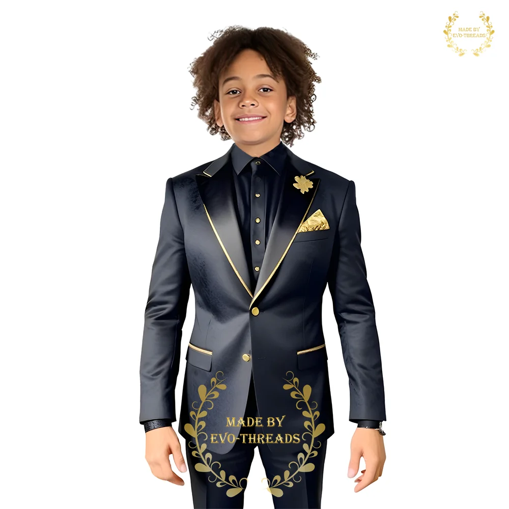 

Premium Boys' Suits 2 Piece Jacket Pants Black Satin Texture With Gold Accent Attire Wedding Party Classy Formal Custom Tuxedo