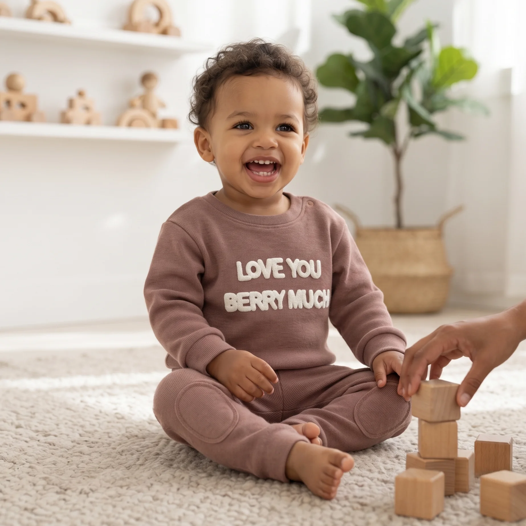 Spring Baby Brown Ribbed Slogan Print Outfit Love You Berry Much Sweatshirt Knee Pad Pants Toddler 2Pcs Set