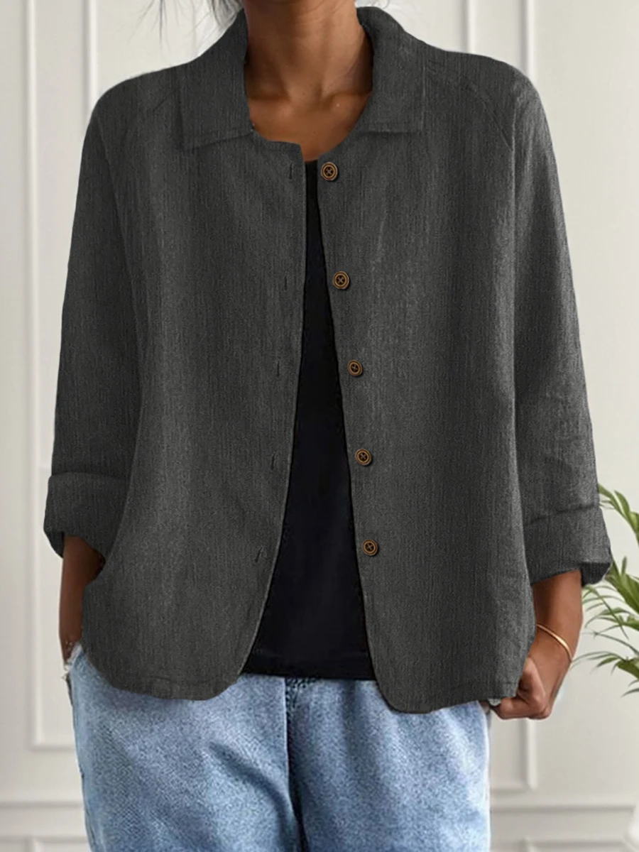 Women Casual Thin Jacket Spring Autumn Long Sleeve Button Up Turn Down Collar Loose Shirt Vintage Solid Cardigan Outerwear