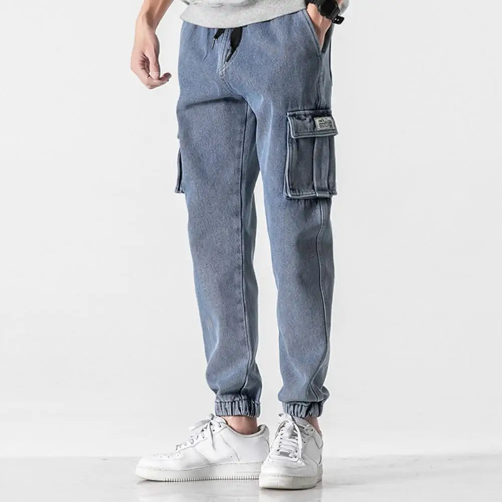 Denim Pants Male Men's jeans Trendy Korean Style Lace-up Jeans Solid Color Multi Pockets Ankle Tied Cargo Pants Denim Pants