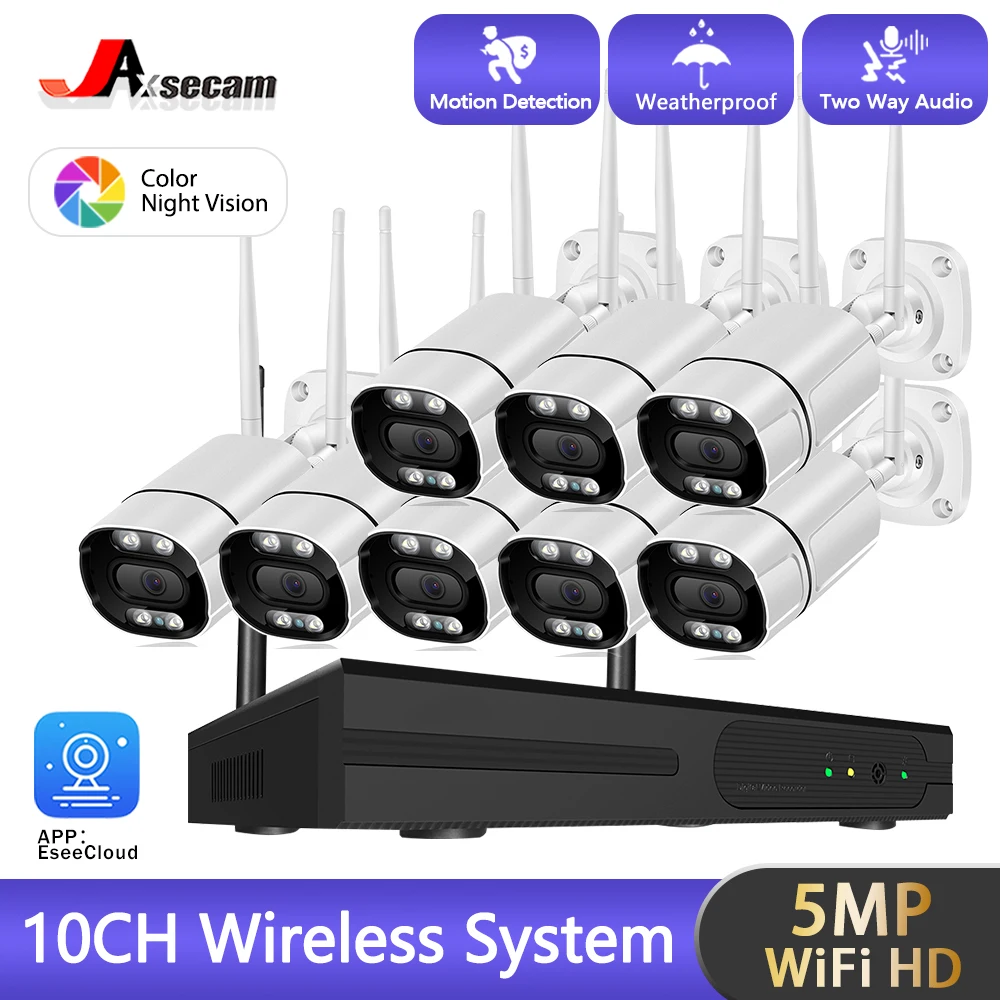 

10CH 5MP Wireless Video Surveillance Security Camera System 10CH P2P NVR Two Way Audio Color Night Vision WIFI IP Bullet Camera