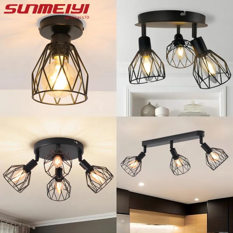 LED Ceiling Light Fixture Black Iron Farmhouse Kitchen Dining Table Hallway Bathroom Bedroom E14 Bulb Ceiling Light