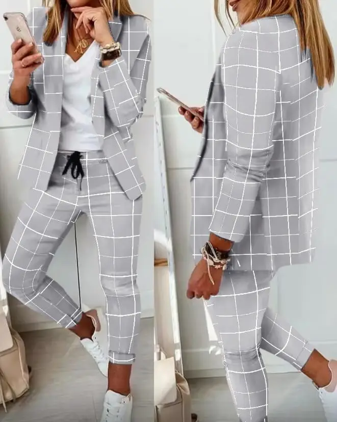 Conjunto de calças com cordão e blazer xadrez para mulheres, conjunto de 2 peças de escritório, gola xale, manga comprida, trabalho diário,