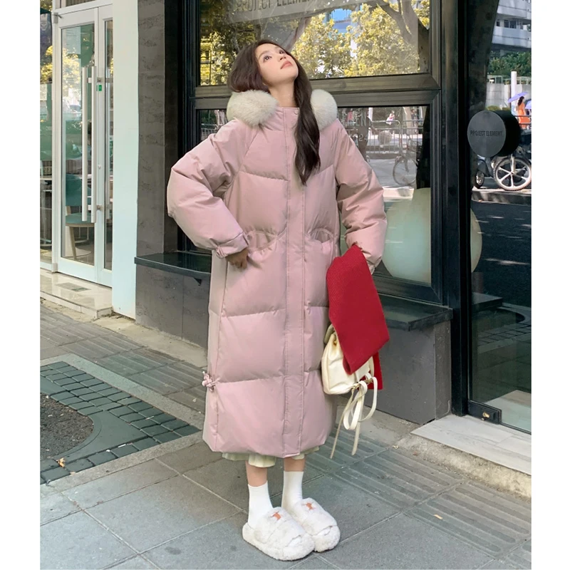 Winter Women's Pink Padded Jacket Female Long Over-the-knee Jacket Fur Collar Warm Thicken Cotton Jacket Women Parkas Coats