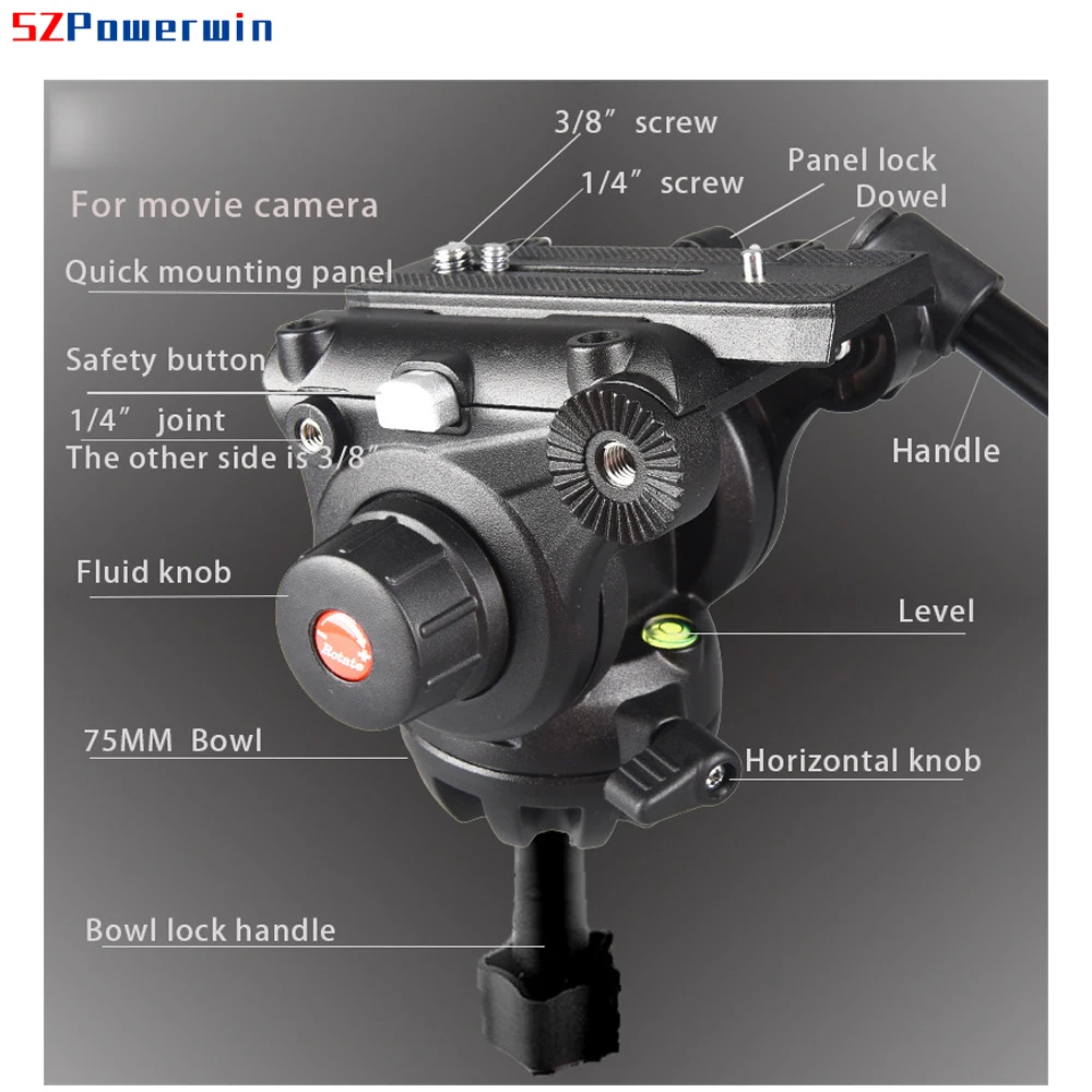 Powerwin 72 Inch PW180 Heavy Duty Professional Tripod with Hydraulic PTZ Fluid Head and Round Feet Gimbal - 180CM