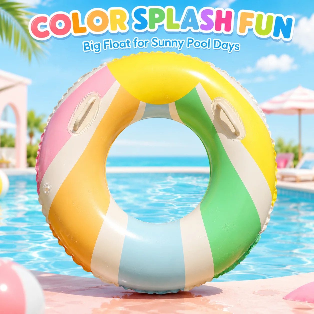1PC Rainbow Inflatable Swim Ring Adult Pool Float Tube, Colorful Swimming Ring for Beach Pool, Summer Water Fun view 5