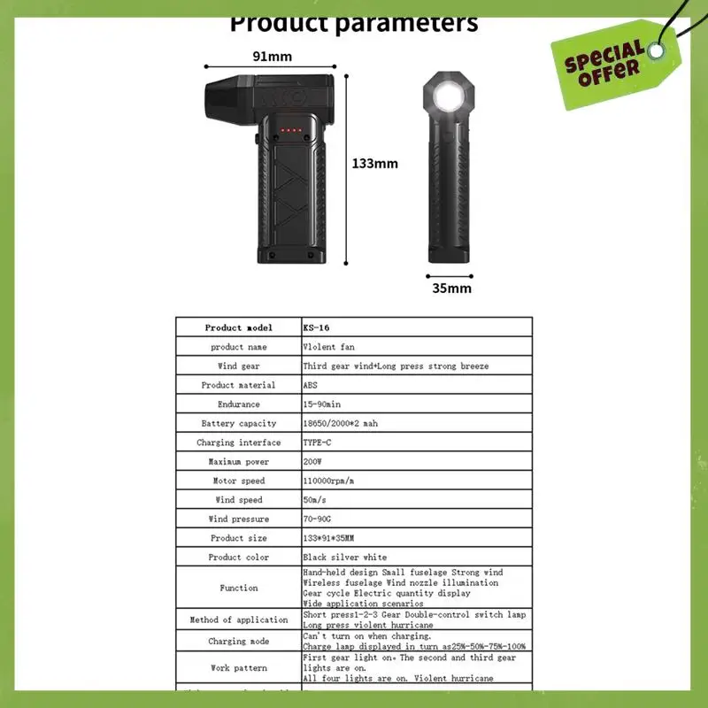 Leading-Turbo Jet Fan With 110000RPM Brushless Motor, Electric Handheld Air Blower, Rechargeable Violent Air Dryer