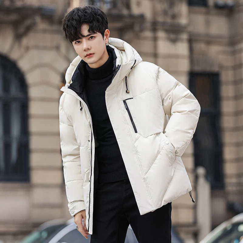 Fashion Men\'s Warm Hooded White Duck Down Jackets 2024 Winter Casual Windproof Solid Puffer Coat Outwear Loose Top Down Clothing