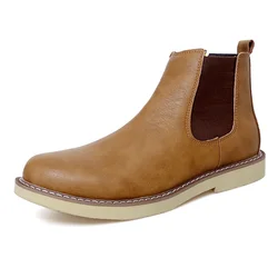 Mens Leather Chelsea Boots British Style Casual Slip On Short Ankle Boot Winter Plush Warm