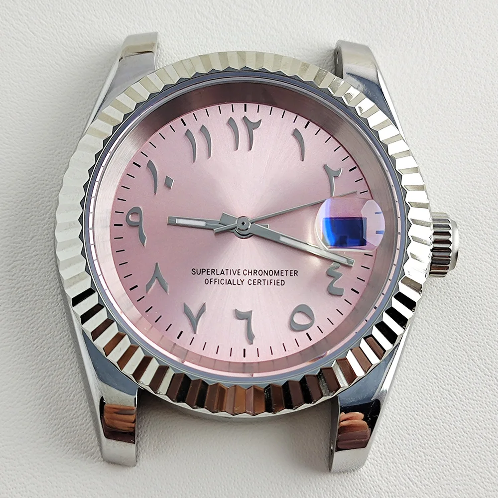 NH35 case pink Arab NH35 dial sapphire Stainless Steel Case Transparent Case Back for NH35 Movement