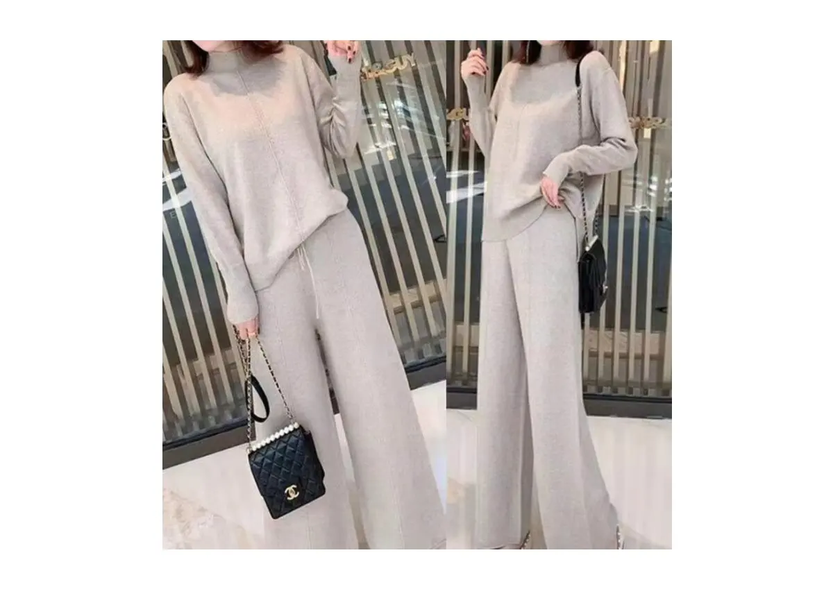 Sweater suit women's sportswear spring fall knit suit 2 pieces warm half turtleneck jumper wide leg pants