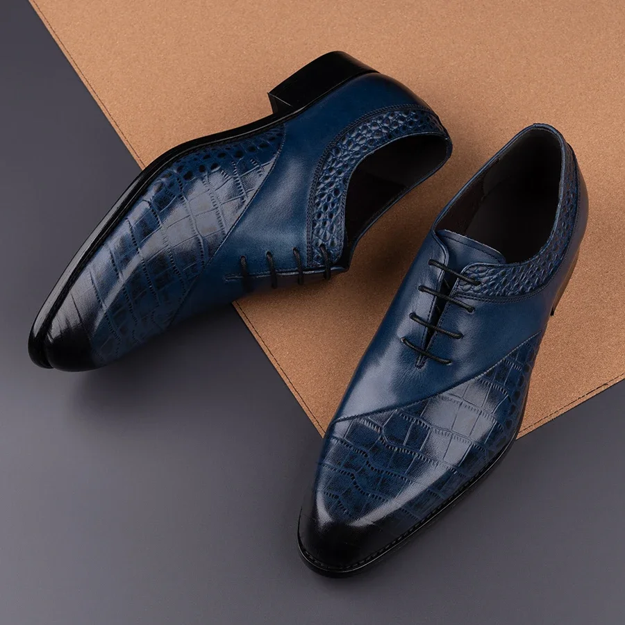 Blauwe Oxfords voor heren handgemaakte feestschoenen Luxe lederen schoen Bruine voering Nieuwe stijl Retro Designe Office Wear