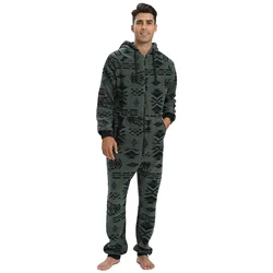 Winter Flannel Men Jumpsuit Pajamas Thickened Warm Hooded Onesies Sleepwear Kigurumi Loose Coral Fleece Home Wear Loungewear