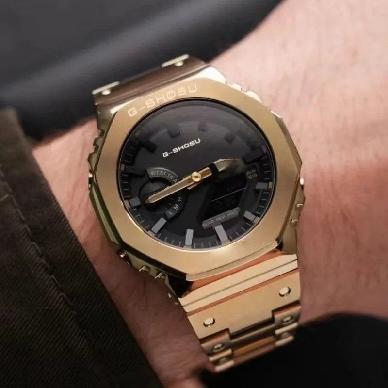 ساعة إلكترونية للجنسين، وظيفة رياضية رقمية كاملة، سبيكة LED، قرص كبير، حزام فولاذي للتوقيت العالمي، سلسلة GMB Oak