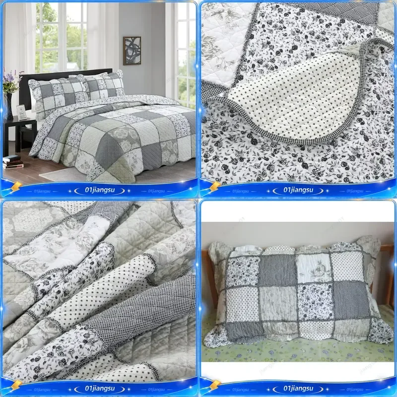 American Cotton Quilted Bedspread Set 3Pcs King Size Bedding Coverlet with Pillowcases Soft Breathable Linen Blanket for