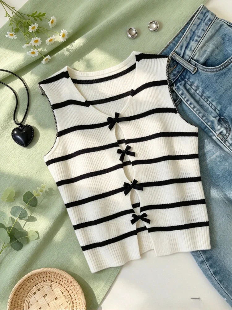 Women V Neck Striped Knit Vest Elastic Sleeveless Bow Knit Waistcoat Black White Stripe Casual Summer Ladies Knitwear Tank Top