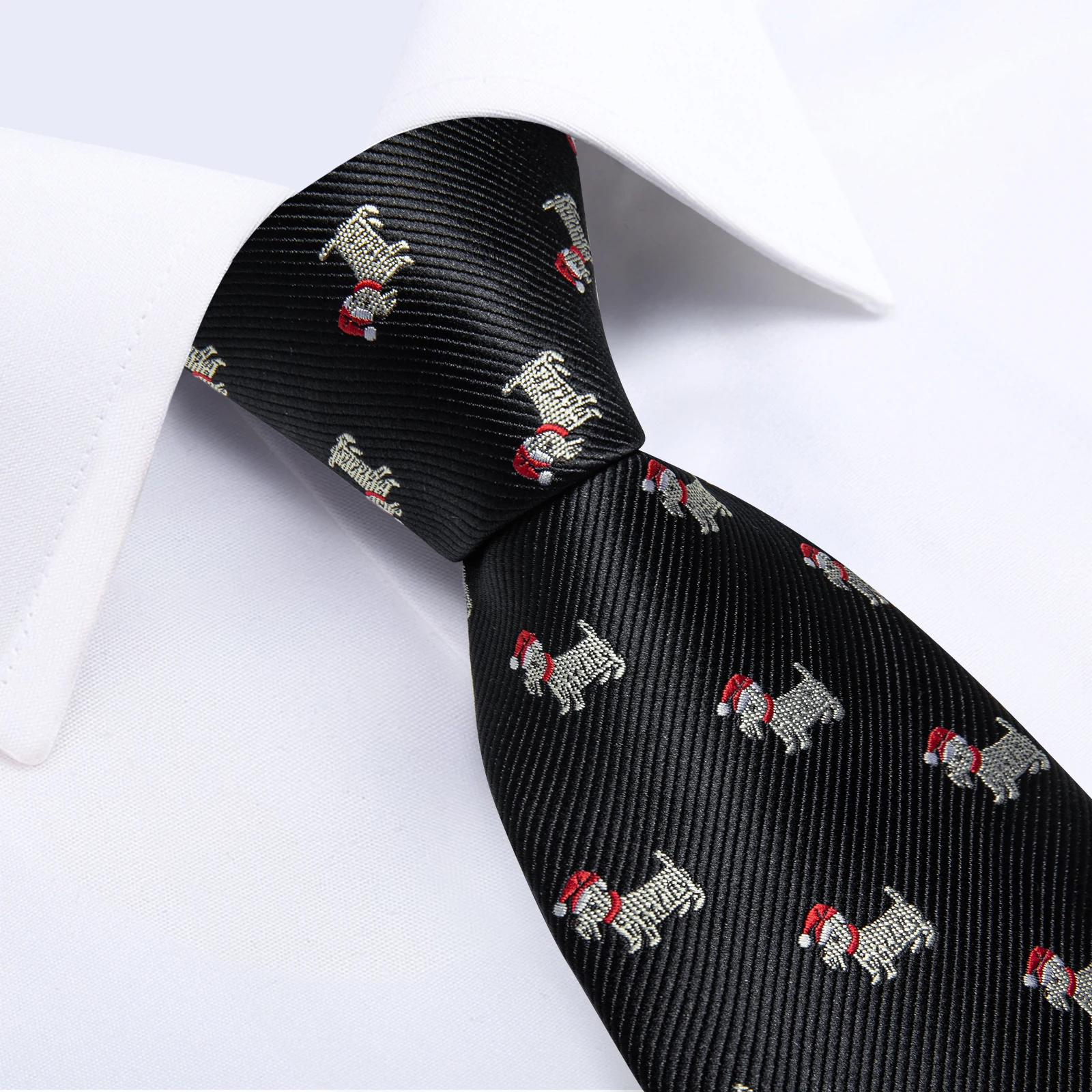 Black Christmas Ties for Men Cute Dog with Red Hat Embroidery, Silk Necktie Party Accessories Cufflinks Handkerchief Gift
