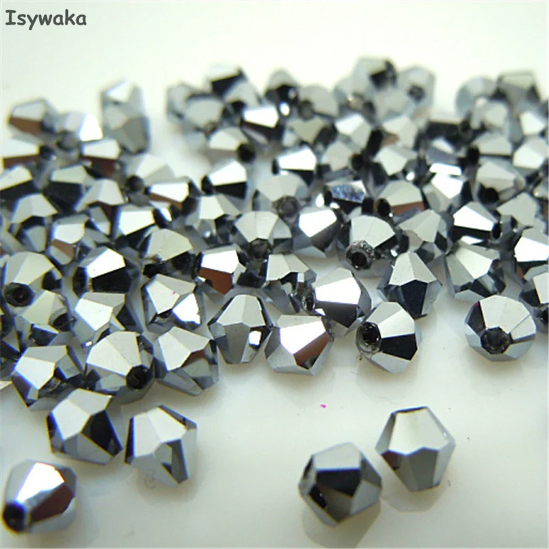 Isywaka Sale New Silver Color 100pcs 4mm Bicone Austria Crystal Bead charm Glass Beads Loose Spacer Bead for DIY Jewelry Making