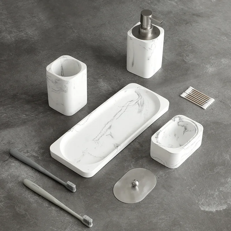 Bathroom Accessories Set Soap Dispenser Cotton Jar Mouthwash Cup Imitation marble TumblerToothbrush Holder and Tray Marble White