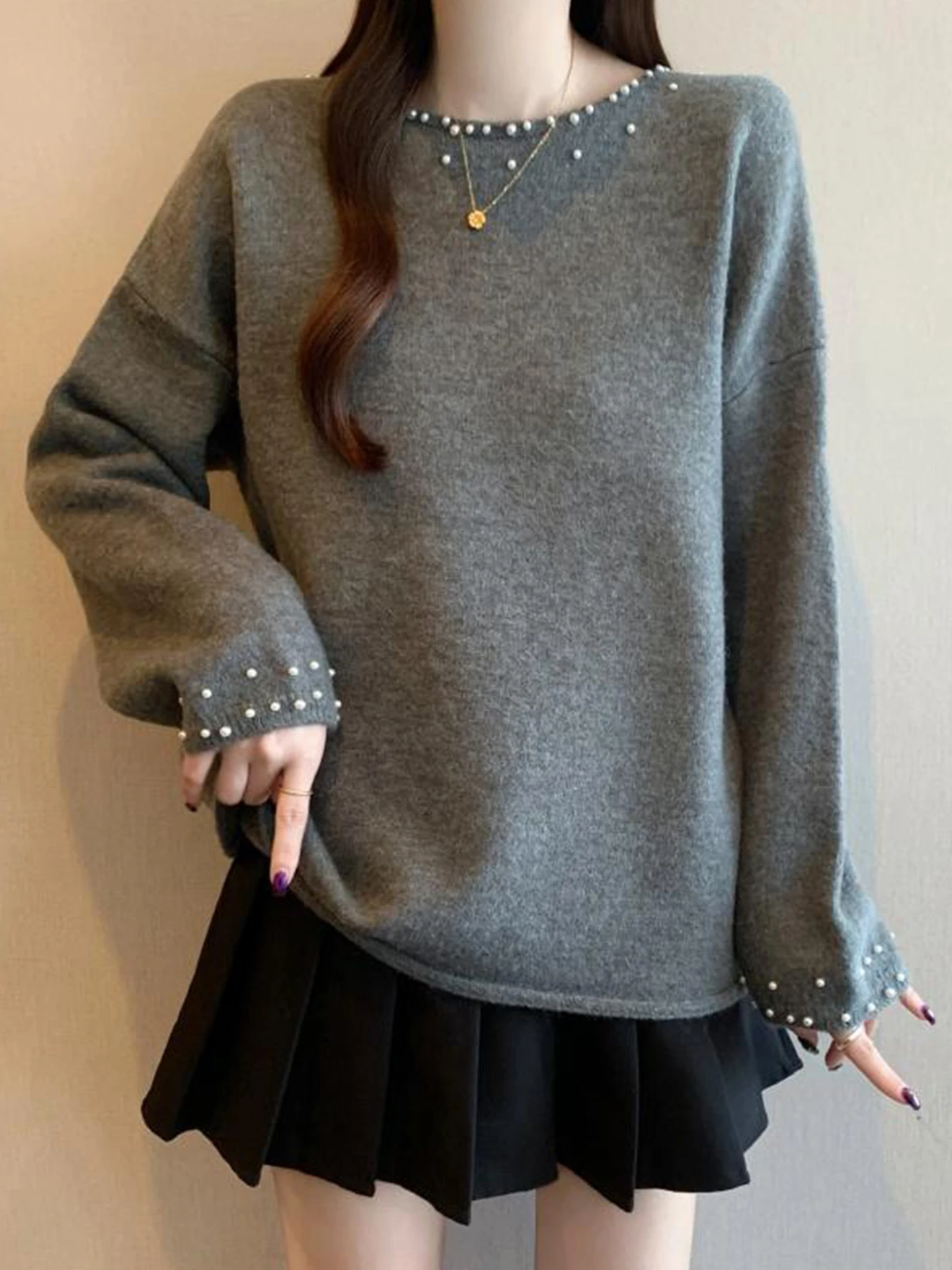 

ay Knitted Sweater Women's Autumn Winter plus Size Lazy Sle Heavy Bead Commute Warm Long Sve round Ne Color