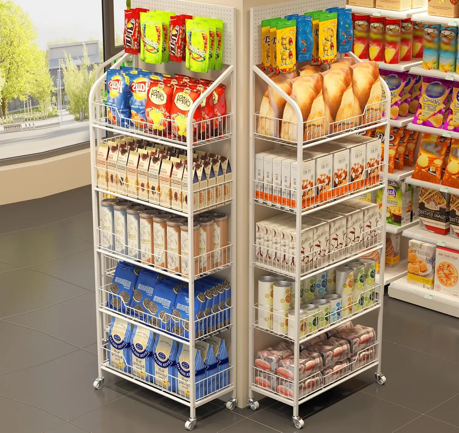 Nisorpa 5 Tier Supermarket Retail Display Rack, Commercial Metal Snack Candy Display Shelf Cart With Wheels Potato Chips