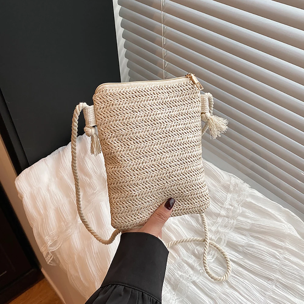 

Spring Summer Woven Crossbody Bag for Ladies Women Casual All-Match Zipper Square One Shoulder Bags Beach Holiday Packs