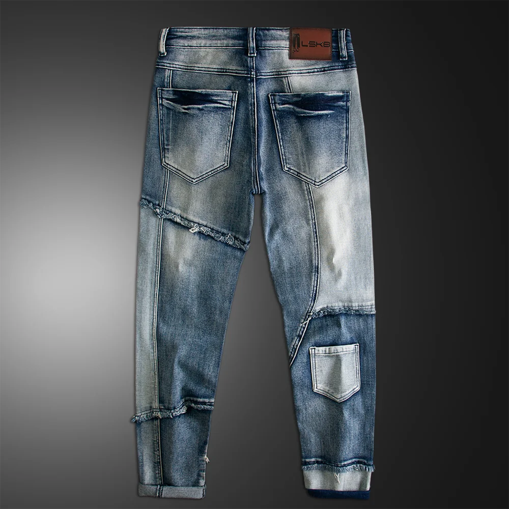 Streetwear Motorcycle Jeans Pants Hip Hop Jeans Men Los Hombres Jeans Streetwear Blue Patchwork Denim Jean Men Skinny Jean Homme