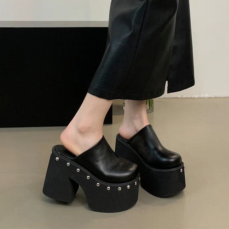 

Retro Punk Women's Black Studded Platform Mule Shoes Leather Chunky Heel 11cm Summer Outdoor Footwear