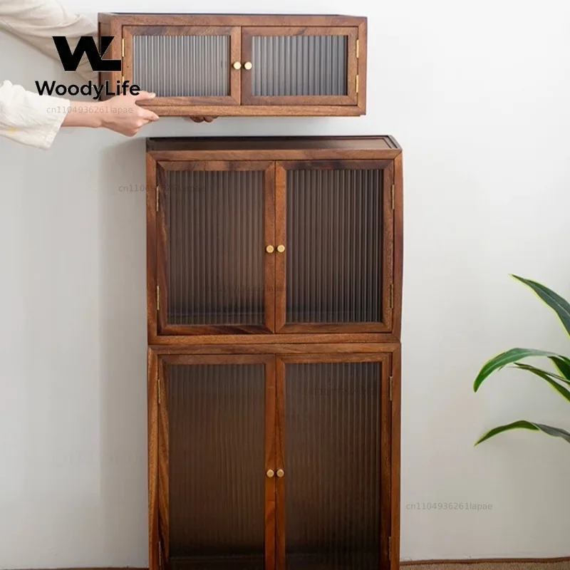 Walnut Wood Freestanding Detachable Cabinet, Solid Wood Multifunctional Storage for Tea Set & Cups, Desktop or Floor Use