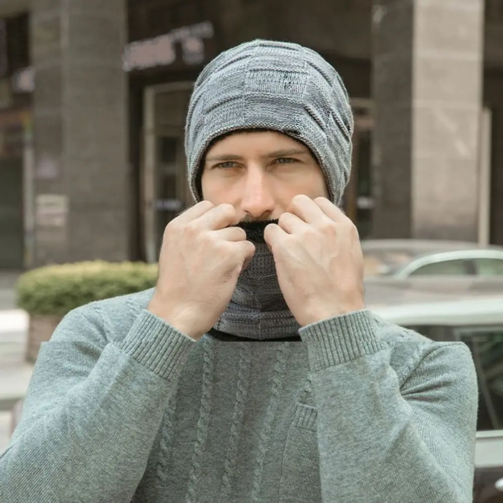 Fashion Winter Men's Beanie Hat Scarf Set Warm Neck Warmer Skullies Bonnet Thick Fleece Lined Knit Hat Scarf
