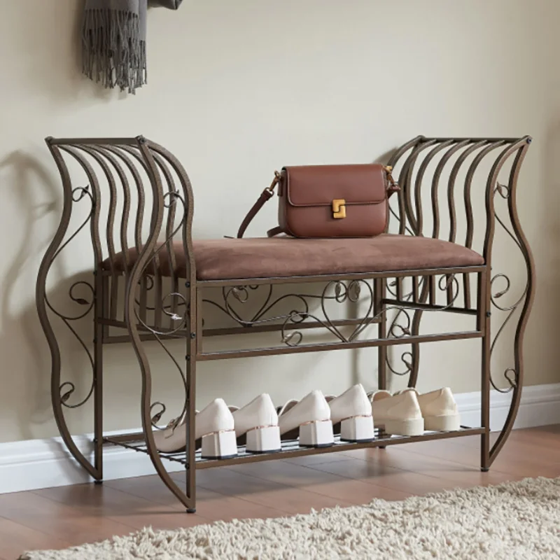 Traditional Style End of Bed Bench, Upholstered Entryway Bench with Arm, Ottoman Bench with metal frame