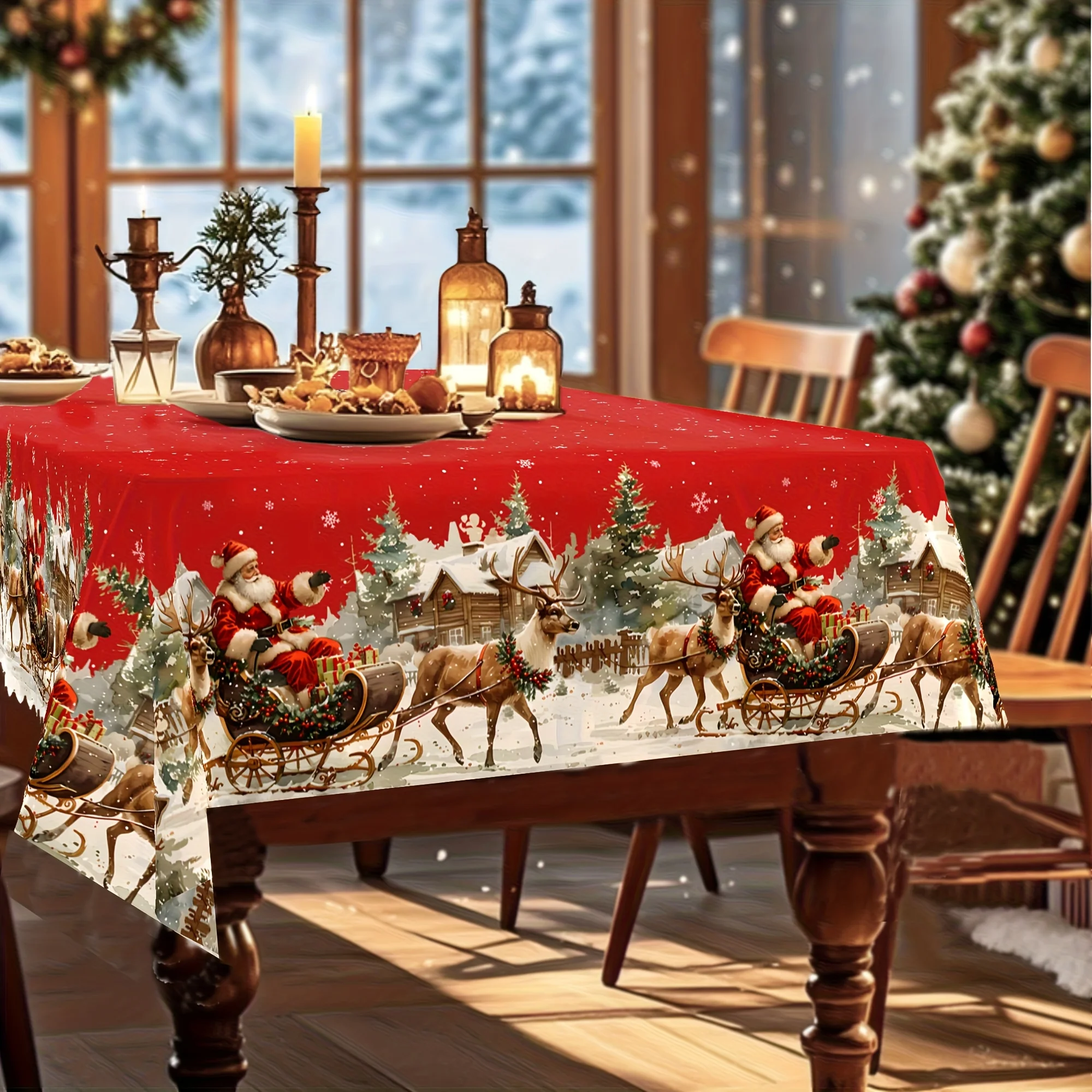 1pc Christmas tablecloth - Santa riding a reindeer sleigh, snowy village scene - Retro red and green festive table decorationzyc