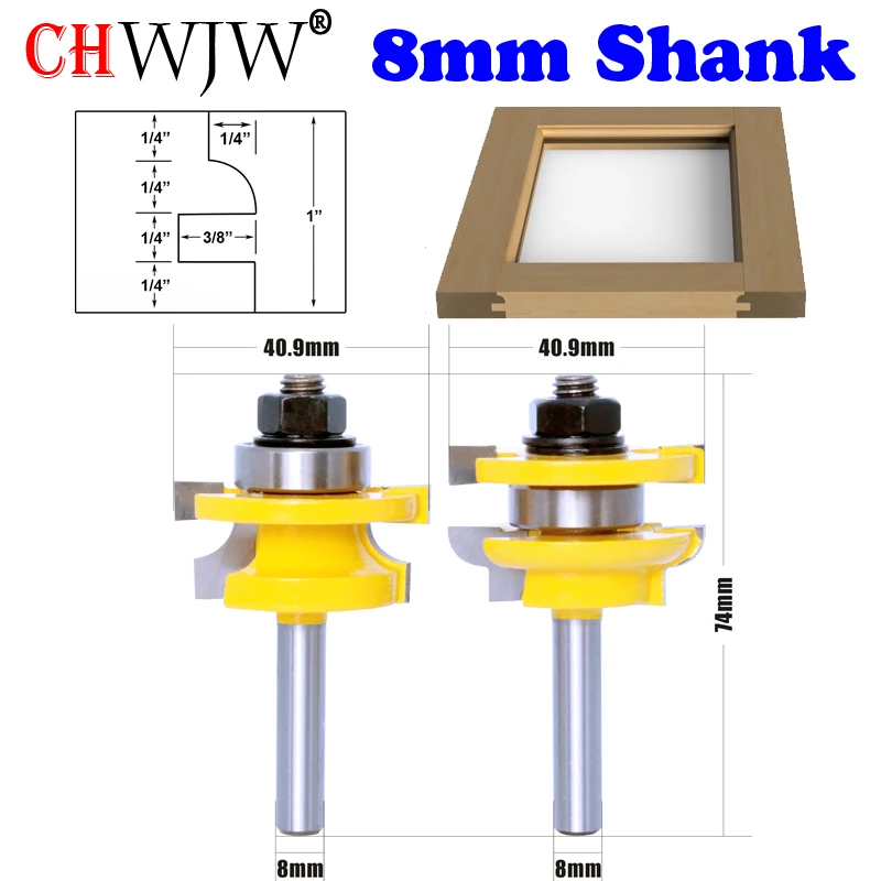 CHWJW 1-3PC 8mm Shank Rail & Stile Router Bits-Matched Quarter-round Woodworking cutter Tenon Cutter for Woodworking Tools