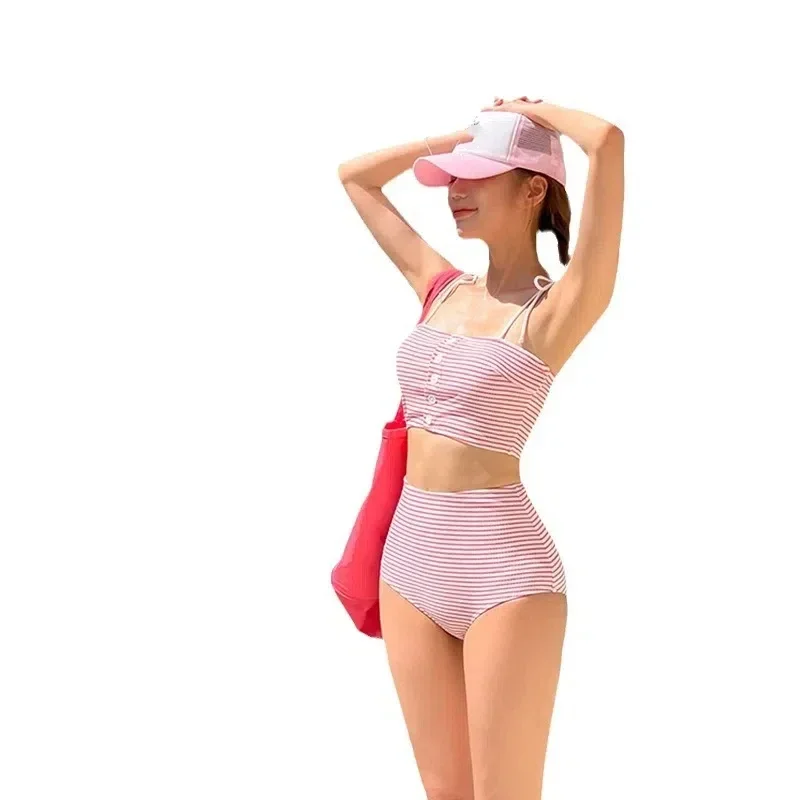 Bikini a fascia a righe moda coreana sexy imposta due pezzi costume da bagno a vita alta push up costumi da bagno costume da bagno da spiaggia femminile