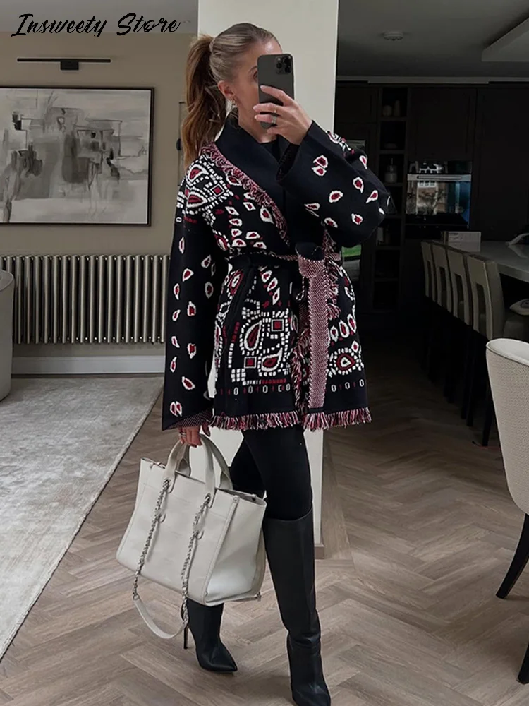 

Fashion Knitted Print Tassels Cardigan Women's V-neck Lace-up Full Sleeve Belted Coat 2025 Autumn New Lady Elegant Cozy Outwear